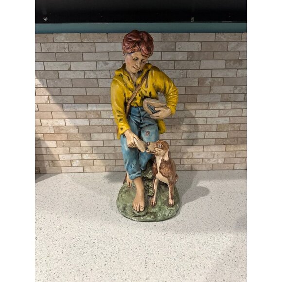 Vintage 70s Holland Mold Ceramic Country Boy Sitting On Stump Feeding Dog 17” - Picture 1 of 8